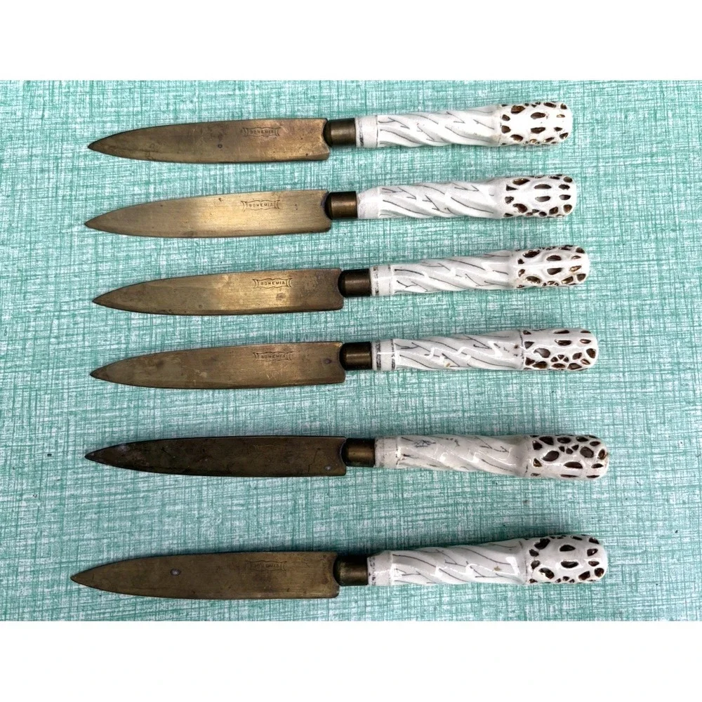 Vintage set of 6 bronze blade fruit knives Bohemia pierced porcelain handles